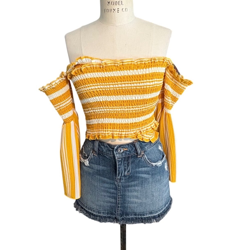 Flying Tomato Mustard Yellow Striped Smocked Off Shoulder Bell Sleeve Crop Top M